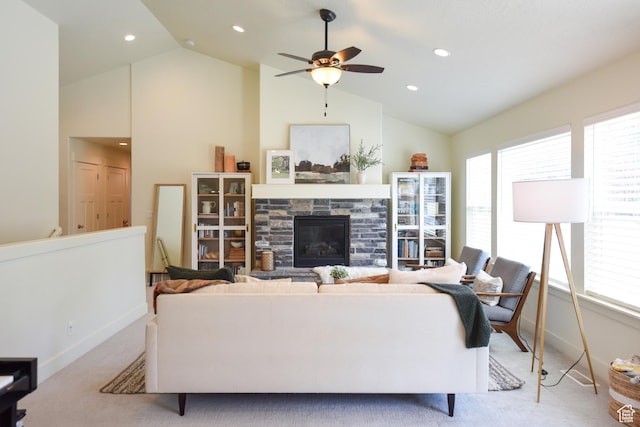 1090 E 770 S, Heber City, UT 84032 - living area featuring light colored carpet, ceiling fan, a stone fireplace, recessed lighting, and high vaulted ceiling