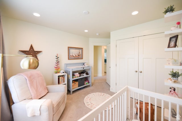 1090 E 770 S, Heber City, UT 84032 - bedroom featuring light colored carpet, a closet, recessed lighting, and a nursery area