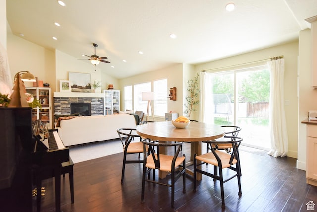 1090 E 770 S, Heber City, UT 84032 - dining room featuring a ceiling fan, a fireplace, recessed lighting, dark wood-type flooring, and vaulted ceiling