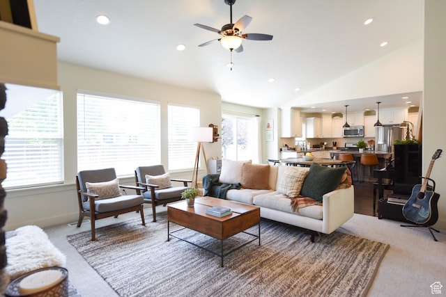 1090 E 770 S, Heber City, UT 84032 - living room featuring light colored carpet, vaulted ceiling, ceiling fan, and recessed lighting