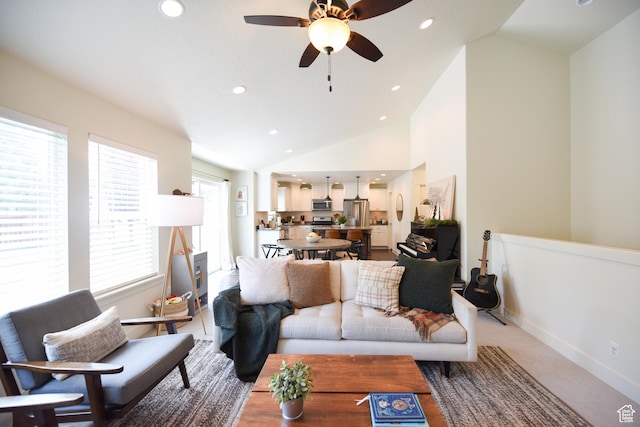 1090 E 770 S, Heber City, UT 84032 - living room with lofted ceiling, a ceiling fan, recessed lighting, and light colored carpet