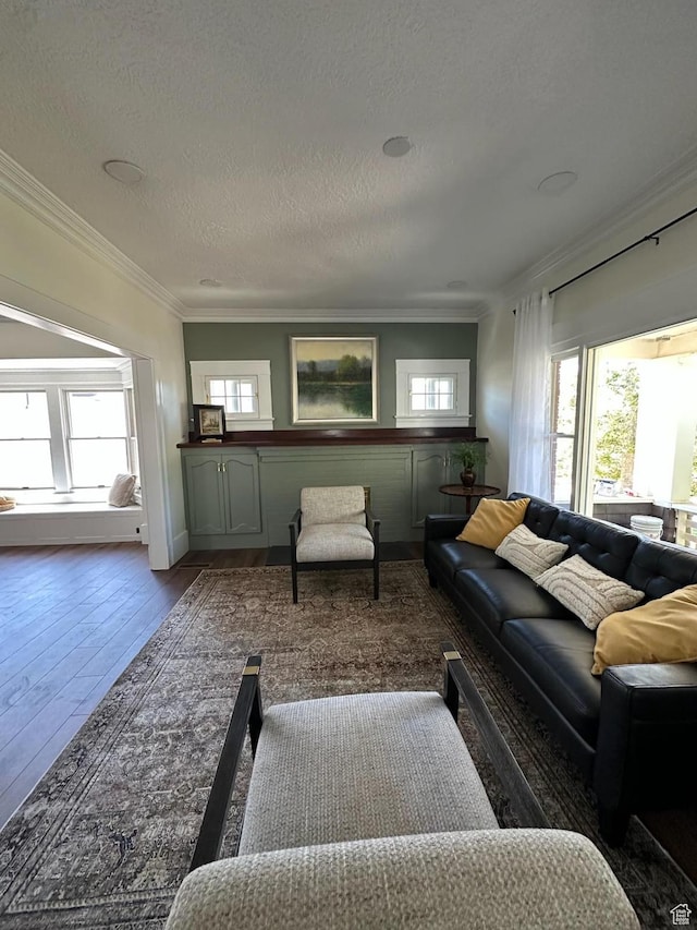 380 N K St, Salt Lake City, UT 84103 - living area with ornamental molding, a textured ceiling, and hardwood / wood-style floors
