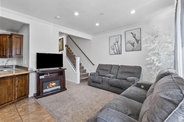 108 S 610 E, American Fork, UT 84003 - living room with ornamental molding, stairway, and recessed lighting