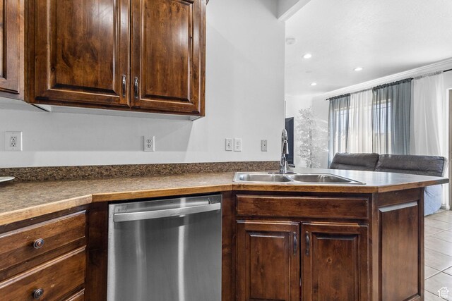 108 S 610 E, American Fork, UT 84003 - kitchen featuring stainless steel dishwasher, light tile patterned floors, dark brown cabinets, dark countertops, and recessed lighting