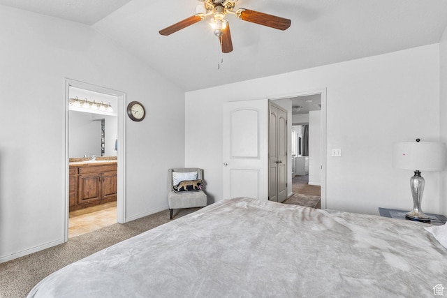 108 S 610 E, American Fork, UT 84003 - bedroom featuring carpet floors, lofted ceiling, a ceiling fan, and ensuite bath