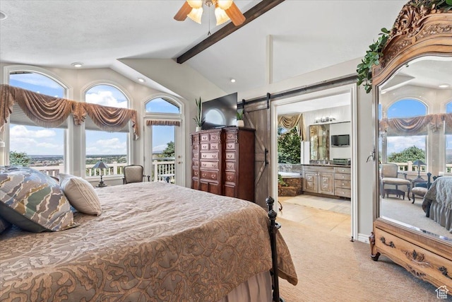 1677 E Wylie Ln, Draper, UT 84020 - bedroom featuring a barn door, access to exterior, light carpet, ensuite bath, and a ceiling fan