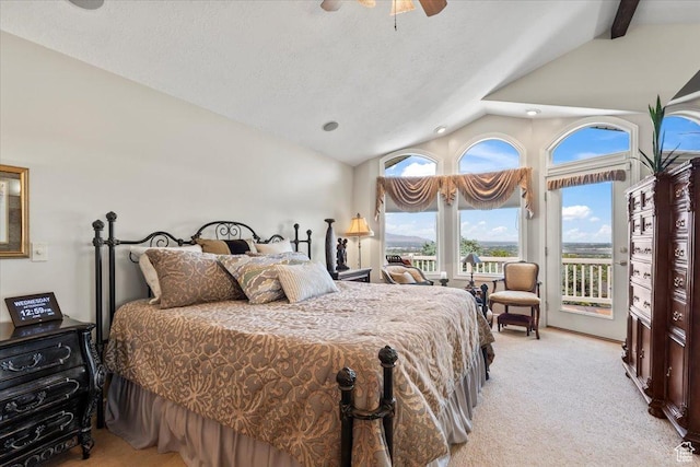 1677 E Wylie Ln, Draper, UT 84020 - bedroom featuring access to exterior, light colored carpet, beamed ceiling, high vaulted ceiling, and ceiling fan