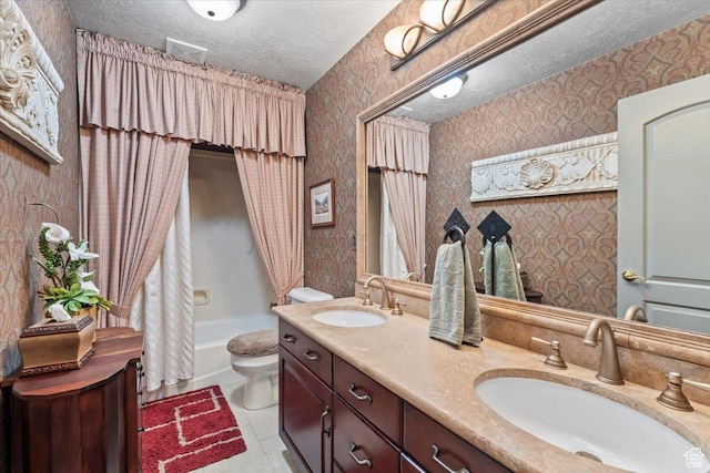 1677 E Wylie Ln, Draper, UT 84020 - bathroom featuring wallpapered walls, double vanity, a textured ceiling, tile patterned flooring, and shower / tub combo with curtain