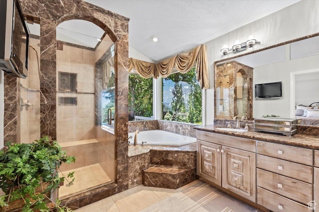 1677 E Wylie Ln, Draper, UT 84020 - bathroom featuring a bath, vanity, tiled shower, and tile patterned floors