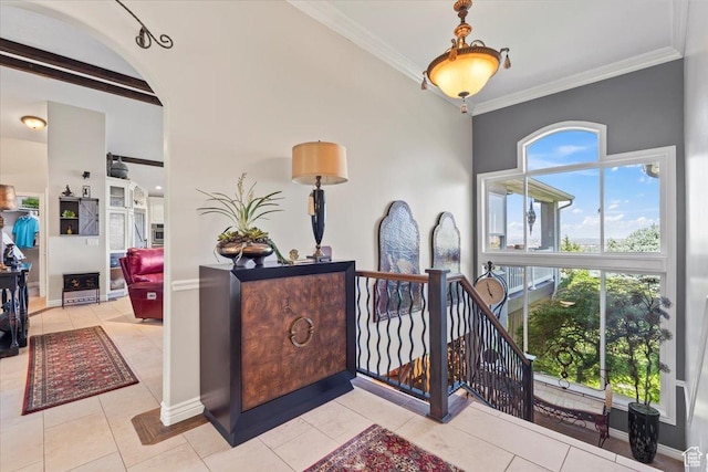 1677 E Wylie Ln, Draper, UT 84020 - hall featuring tile patterned flooring, crown molding, an upstairs landing, and arched walkways