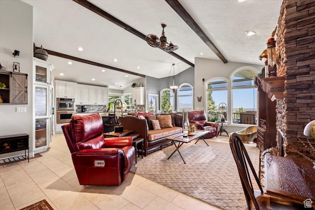 1677 E Wylie Ln, Draper, UT 84020 - living area with a chandelier, light tile patterned floors, recessed lighting, and a fireplace