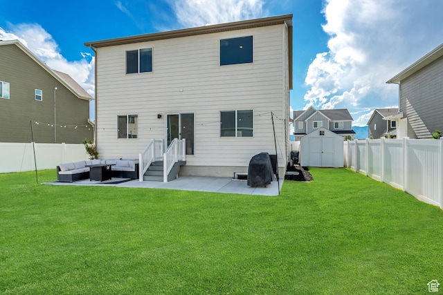 3444 Sparrow Ln W Unit 164, Eagle Mountain, UT 84005 - back of property with outdoor lounge area, a patio, a fenced backyard, and a storage unit