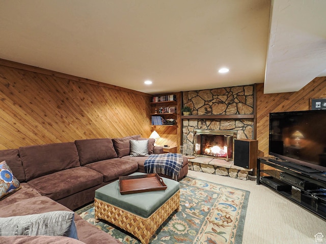 2680 E 2100th St S Unit 44-45, Salt Lake City, UT 84109 - carpeted living area with wood walls, a fireplace, and recessed lighting