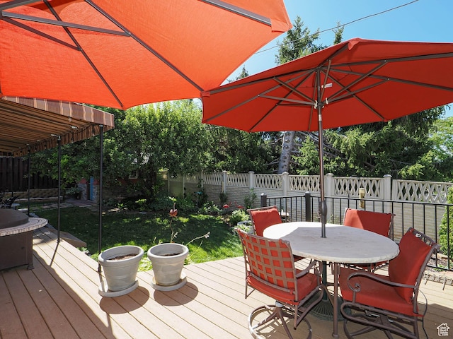 2680 E 2100th St S Unit 44-45, Salt Lake City, UT 84109 - wooden deck with outdoor dining space, a fenced backyard, and grilling area
