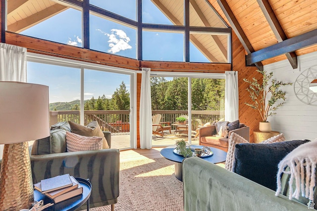 575 Upper Evergreen Dr, Park City, UT 84098 - living area with healthy amount of natural light, wooden walls, a wooden ceiling with exposed beams, high vaulted ceiling, and wood finished floors