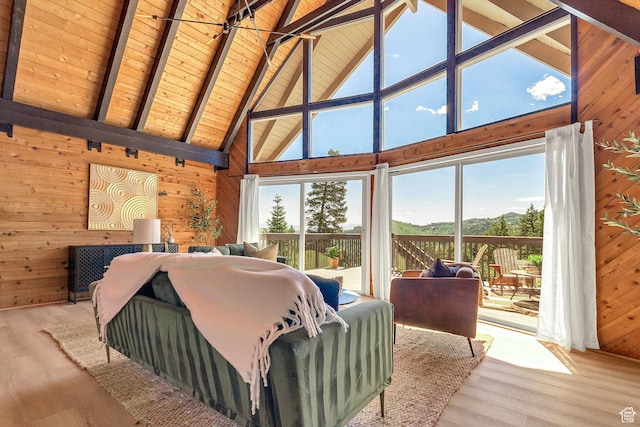 575 Upper Evergreen Dr, Park City, UT 84098 - bedroom with wooden walls, high vaulted ceiling, access to exterior, wood finished floors, and a wooden ceiling with exposed beams