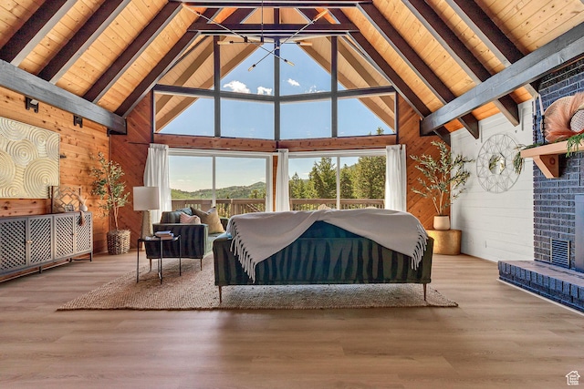 575 Upper Evergreen Dr, Park City, UT 84098 - bedroom with wood walls, a wooden ceiling with exposed beams, high vaulted ceiling, a fireplace, and wood finished floors