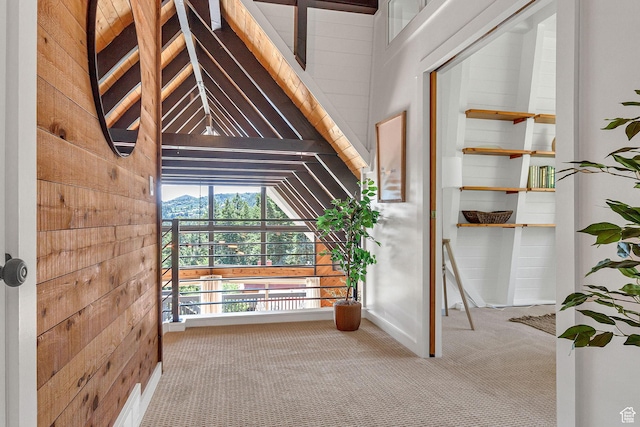 575 Upper Evergreen Dr, Park City, UT 84098 - corridor featuring vaulted ceiling, carpet floors, and wooden walls