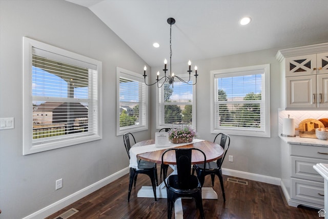 13 W 1370 S, Mona, UT 84645 - dining space featuring vaulted ceiling, a chandelier, dark wood finished floors, and recessed lighting