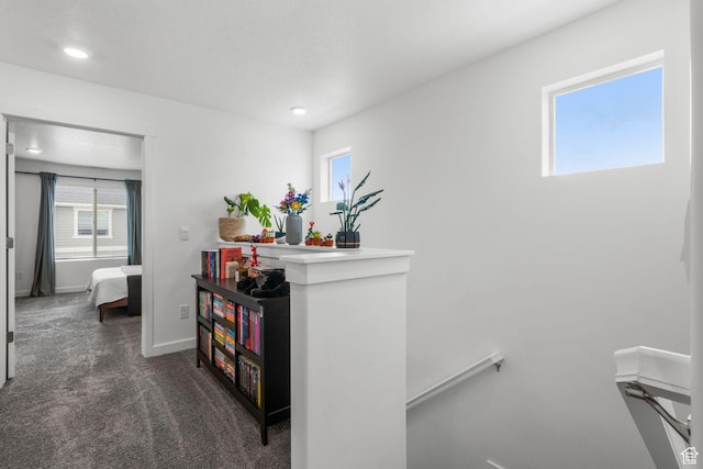943 E Drifter Ln, Saratoga Springs, UT 84045 - hallway with an upstairs landing, dark colored carpet, and recessed lighting