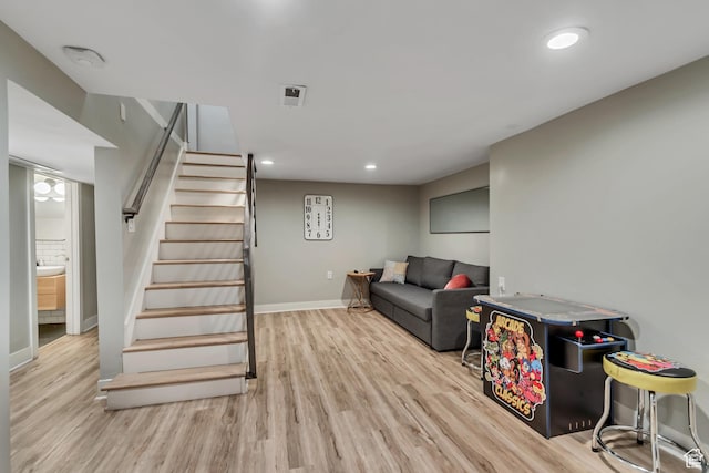 1221 E 800 S, Salt Lake City, UT 84102 - living room with light wood-style floors, stairs, and recessed lighting