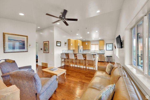 1674 S Cottonwood Ct Unit 1217, Heber City, UT 84032 - living area featuring lofted ceiling, recessed lighting, light wood-style flooring, and ceiling fan
