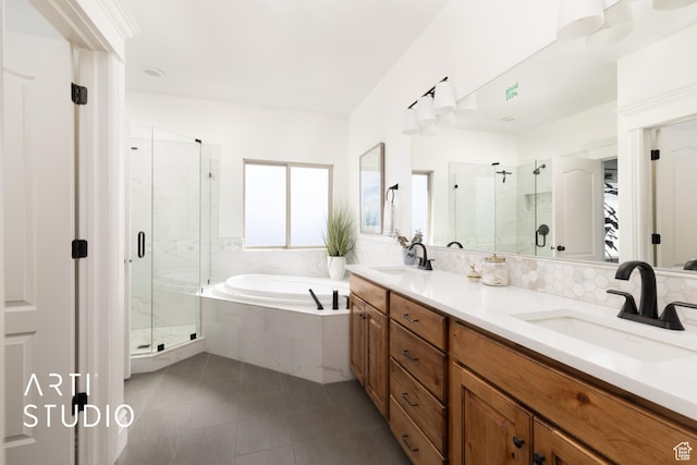 2244 S Hunter Dr, Saratoga Springs, UT 84045 - bathroom featuring a bath, tile patterned floors, a marble finish shower, and double vanity