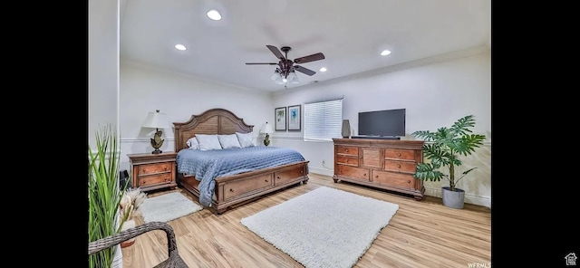 2244 S Hunter Dr, Saratoga Springs, UT 84045 - bedroom with light wood-style flooring, recessed lighting, a ceiling fan, and ornamental molding