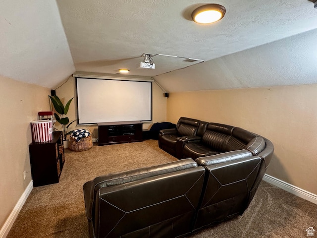 2244 S Hunter Dr, Saratoga Springs, UT 84045 - home theater with carpet, a textured ceiling, and lofted ceiling