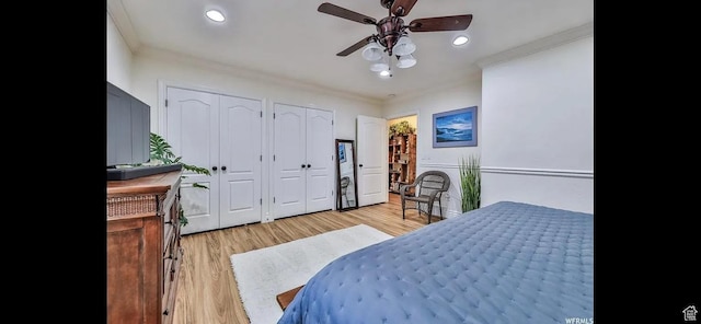 2244 S Hunter Dr, Saratoga Springs, UT 84045 - bedroom with two closets, crown molding, light wood-type flooring, recessed lighting, and ceiling fan