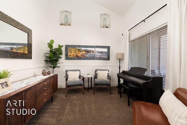 2244 S Hunter Dr, Saratoga Springs, UT 84045 - sitting room featuring dark carpet and lofted ceiling