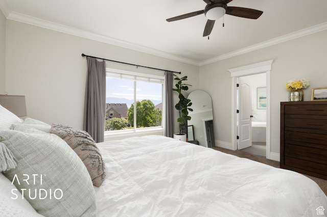 2244 S Hunter Dr, Saratoga Springs, UT 84045 - bedroom featuring ornamental molding, carpet floors, ensuite bath, and a ceiling fan