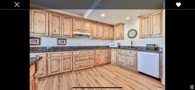 2244 S Hunter Dr, Saratoga Springs, UT 84045 - kitchen featuring white appliances, light wood-style floors, recessed lighting, light brown cabinetry, and under cabinet range hood