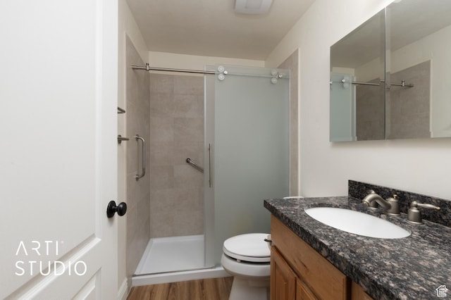 2244 S Hunter Dr, Saratoga Springs, UT 84045 - full bathroom with vanity, a stall shower, and wood finished floors