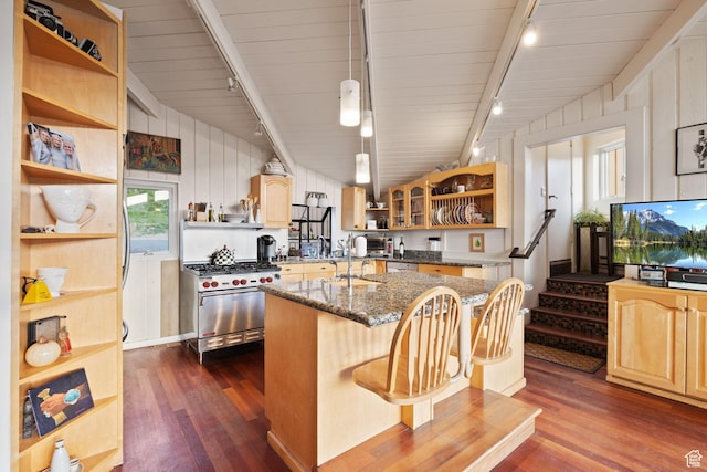 235 Mchenry Ave, Park City, UT 84060 - kitchen featuring rail lighting, open shelves, vaulted ceiling, dark wood-type flooring, and a kitchen island with sink
