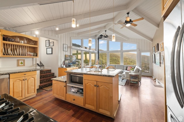 235 Mchenry Ave, Park City, UT 84060 - kitchen featuring stainless steel appliances, dark wood-style floors, light stone countertops, ceiling fan, and wooden ceiling