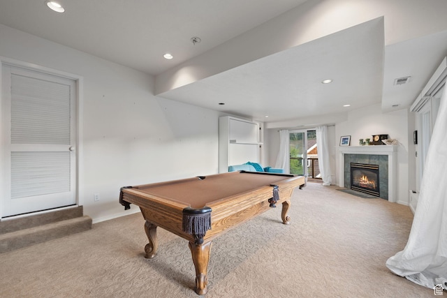 235 Mchenry Ave, Park City, UT 84060 - recreation room with light colored carpet, recessed lighting, billiards table, and a tiled fireplace