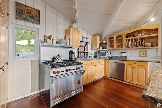 235 Mchenry Ave, Park City, UT 84060 - kitchen featuring appliances with stainless steel finishes, open shelves, dark wood-style floors, glass insert cabinets, and wooden ceiling