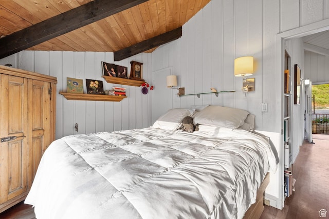 235 Mchenry Ave, Park City, UT 84060 - bedroom featuring wood finished floors, a wood ceiling with exposed beams, and wood walls