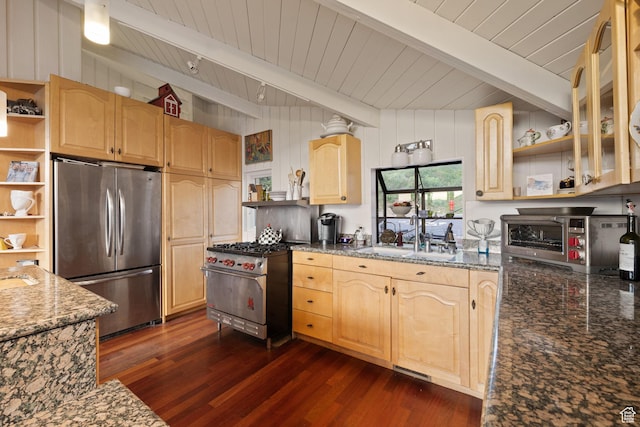 235 Mchenry Ave, Park City, UT 84060 - kitchen featuring open shelves, stainless steel appliances, light brown cabinets, dark wood-type flooring, and wooden ceiling