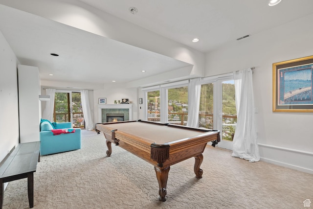 235 Mchenry Ave, Park City, UT 84060 - playroom with carpet floors, billiards, a glass covered fireplace, and recessed lighting