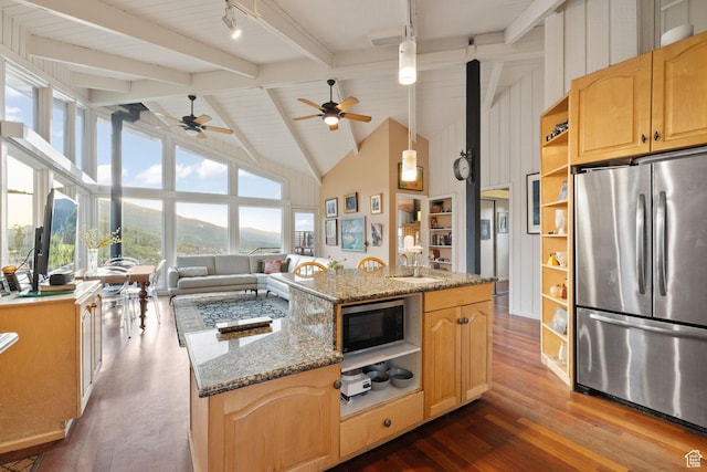 235 Mchenry Ave, Park City, UT 84060 - kitchen featuring appliances with stainless steel finishes, open shelves, beamed ceiling, dark wood-style flooring, and high vaulted ceiling