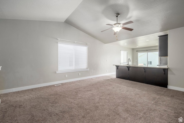 1728 E Shadow Dr, Eagle Mountain, UT 84005 - unfurnished living room featuring a ceiling fan, vaulted ceiling, and carpet
