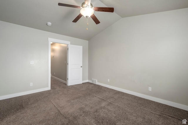 1728 E Shadow Dr, Eagle Mountain, UT 84005 - unfurnished bedroom featuring vaulted ceiling, dark colored carpet, and ceiling fan