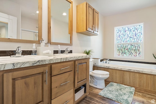 516 N Broadway Ave, Tooele, UT 84074 - full bath featuring a garden tub, double vanity, wood finished floors, and an enclosed shower