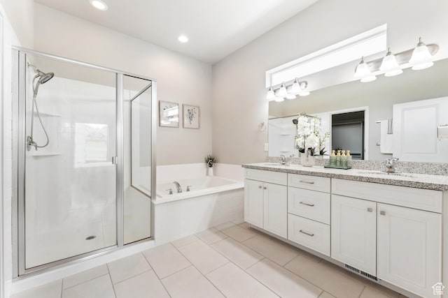 3301 W Cramden Dr, Lehi, UT 84043 - full bathroom featuring double vanity, a garden tub, a stall shower, tile patterned floors, and recessed lighting