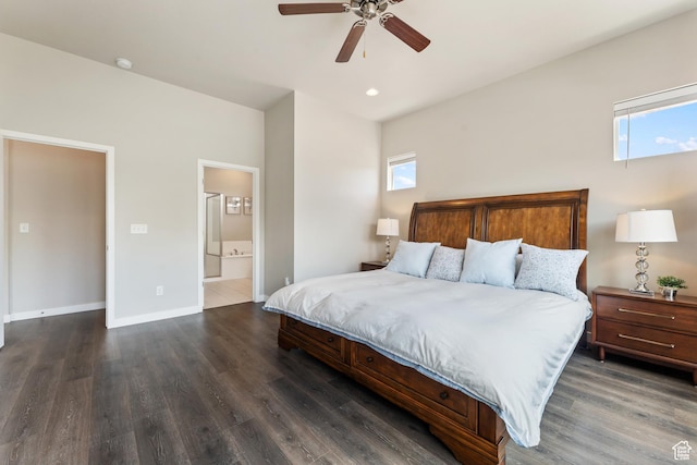 3301 W Cramden Dr, Lehi, UT 84043 - bedroom featuring dark wood-style flooring, ensuite bath, and a ceiling fan