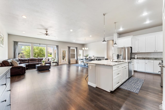 3301 W Cramden Dr, Lehi, UT 84043 - kitchen featuring appliances with stainless steel finishes, open floor plan, recessed lighting, a ceiling fan, and dark wood-type flooring