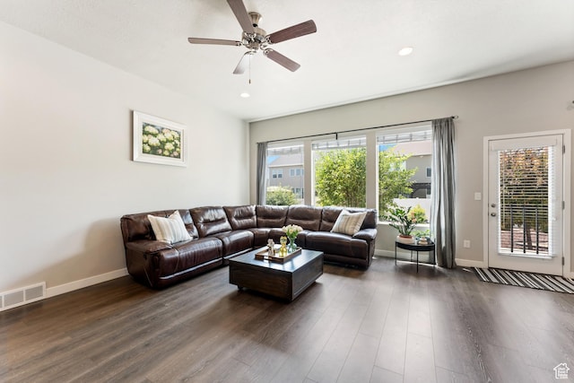 3301 W Cramden Dr, Lehi, UT 84043 - living room featuring ceiling fan, dark wood-style flooring, and recessed lighting