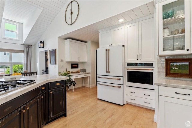 93 S 200 E, Kaysville, UT 84037 - kitchen featuring white appliances, white cabinetry, plenty of natural light, light wood-type flooring, and wooden ceiling